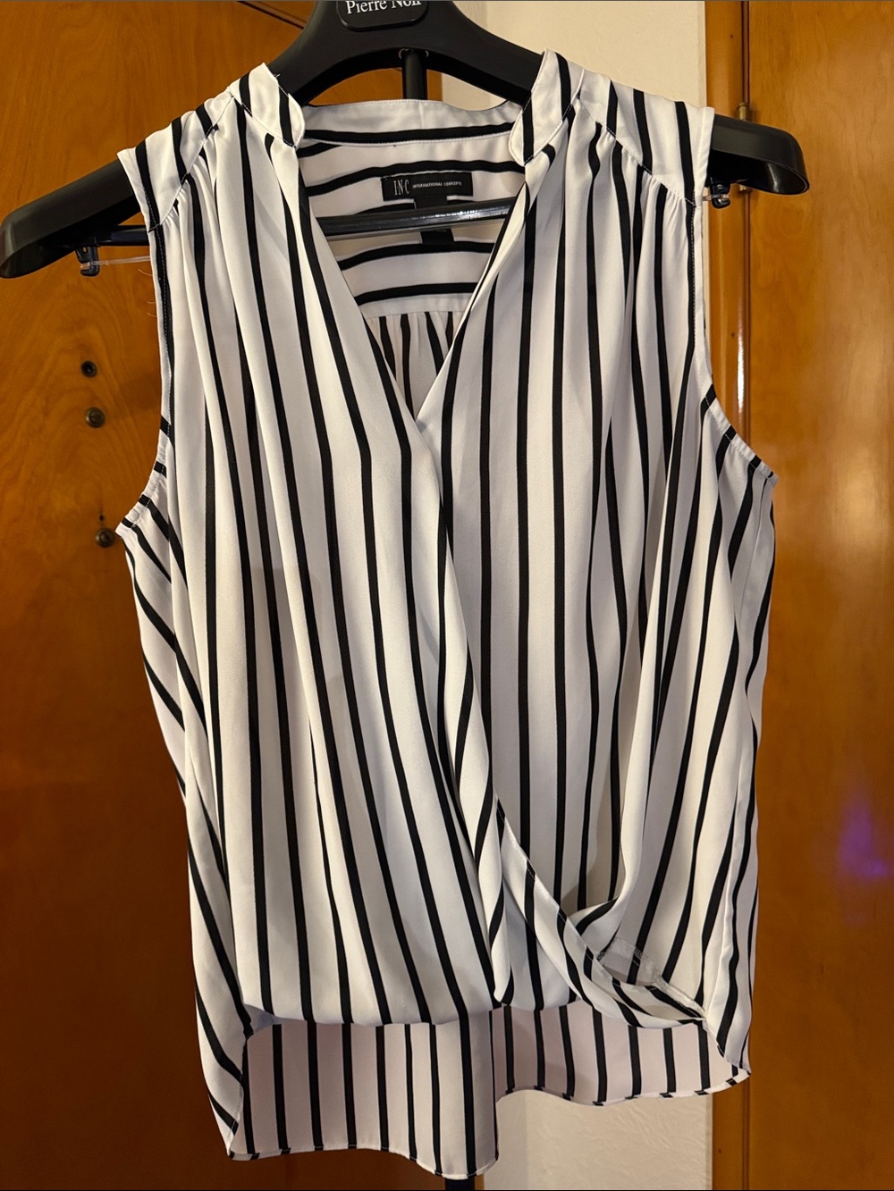 INC International Concepts Sleeveless Black & White Striped Wrap Top